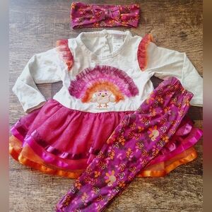Little Lass matching outfit set Thanksgiving Fall Turkey Tutu headband 12 months